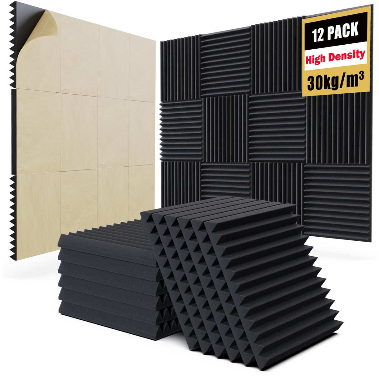 12 Pack Self-Adhesive Acoustic Panels,12" X 12" X 1" Sound Proof Foam Panels,30 kg/m³ High Density Sound Absorbing Panels,Fire Resistant Soundproof Wedges Panels for Studio Recording & Office & Home Jancane
