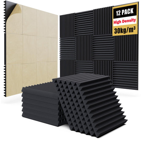 12 Pack Self-Adhesive Acoustic Panels,12" X 12" X 1" Sound Proof Foam Panels,30 kg/m³ High Density Sound Absorbing Panels,Fire Resistant Soundproof Wedges Panels for Studio Recording & Office & Home Jancane