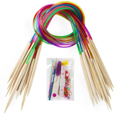 18 Pairs Bamboo Knitting Needles Set, Vancens Circular Wooden Knitting Needles with Colorful Plastic Tube, Small Tools for Weave are Included, 18 Sizes: 2mm - 10mm, 31.5" Length Vancens