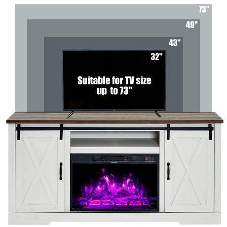 AMERLIFE Fireplace TV Stand with Sliding Barn Door for TVs up to 73", Farmhouse 63" Fireplace Entertainment Center with Storage Cabinets/Adjustable Shelves, Distressed White & Barnwood AMERLIFE