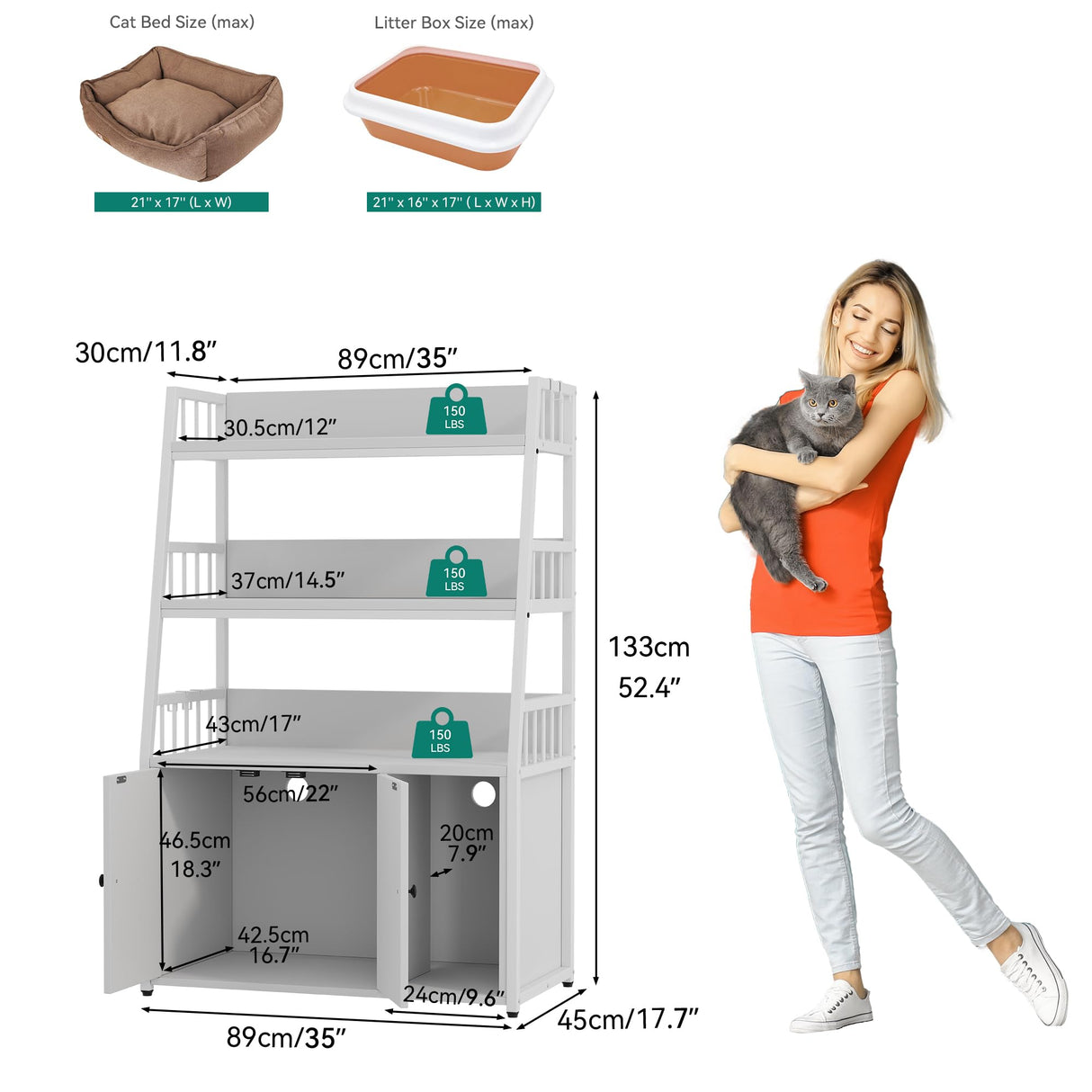 YITAHOME Cat Litter Box Enclosure with Storage Shelves, Indoor Large Litter Box Furniture Wooden Hidden Cat Cabinet Washroom Corner, White YITAHOME