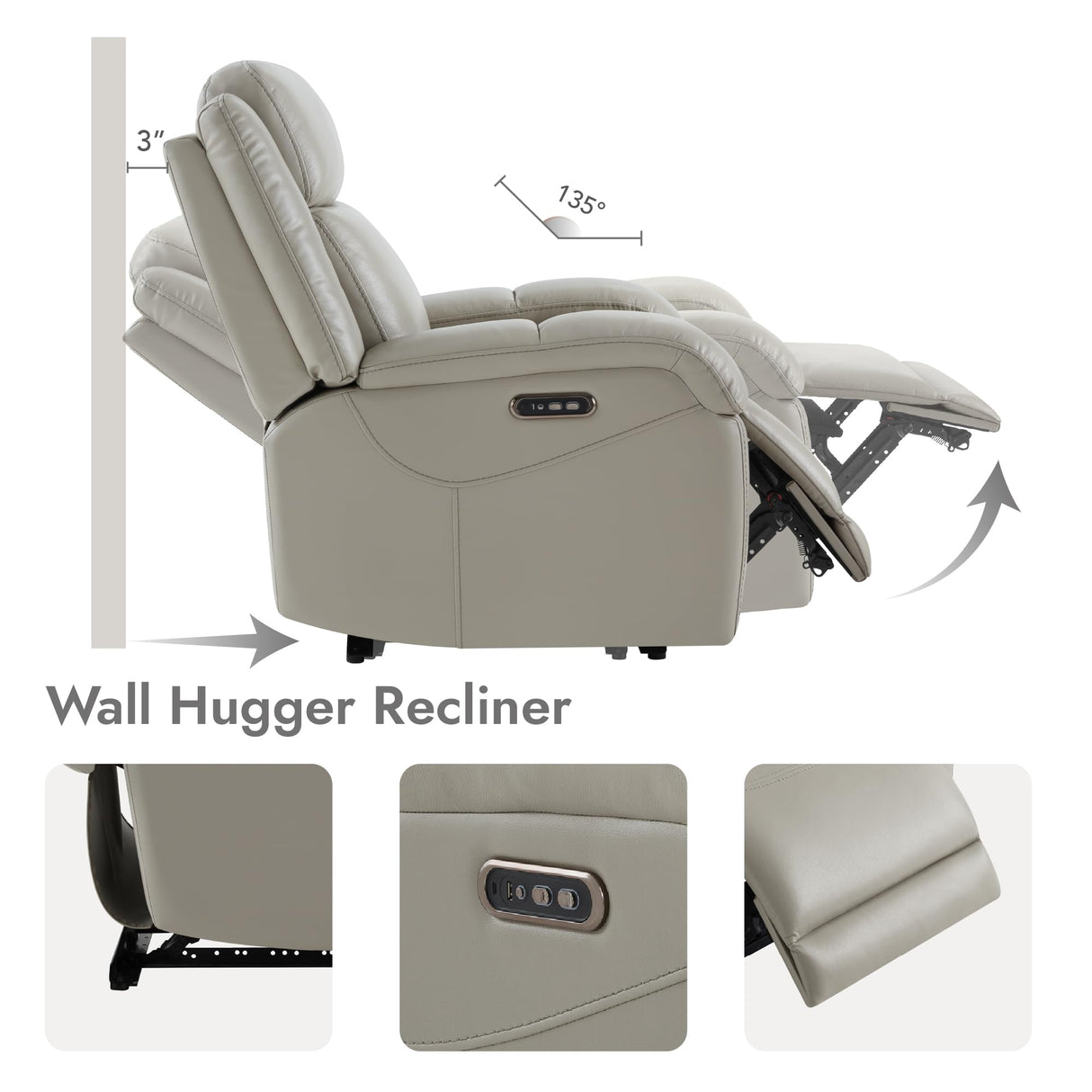 Watson & Whitely Genuine Leather Power Recliner Chairs for Adults, Wall Hugger RV Recliner with Power Headrest & Charging Ports, Electric Recliner Sofa Chair for Living Room, Grey Watson & Whitely