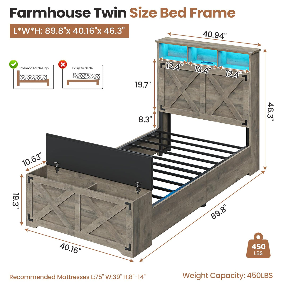 Hasuit Farmhouse Bed Frame Twin Size with Storage Headboard, Charging Station and LED Light, Wooden Twin Bed Frame with Storage Ottoman, Barn Door Design, No Box Spring Needed, No Noise (Oak Grey) Hasuit