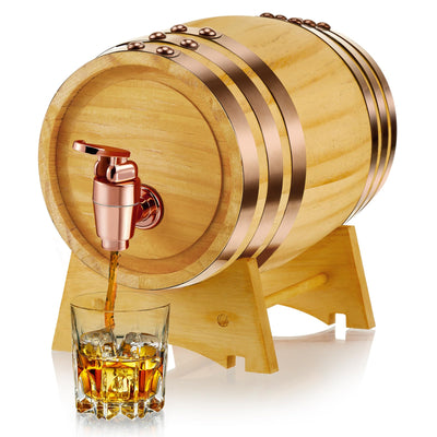 Geetery 1 Pack 2 Liter Oak Barrel with Stand Wooden Whiskey Barrel Vintage Beer Tequila Rum Whiskey Dispenser Wine Making Barrels for Home Table Display Decoration Entertaining (2 Liters)
