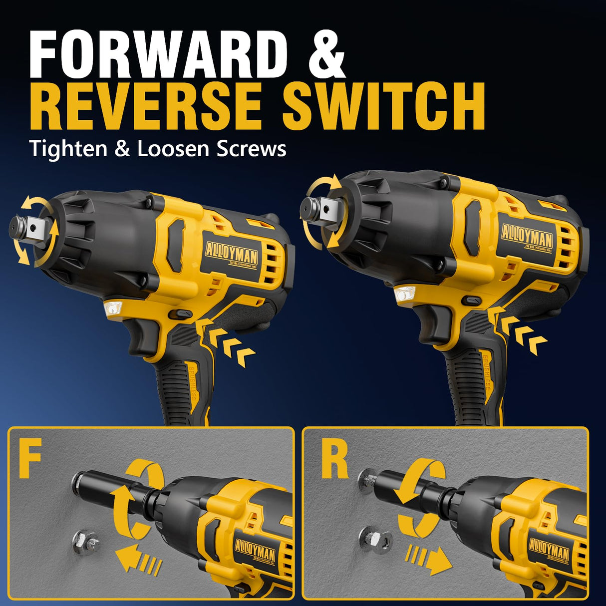 Alloyman 1/2 inch Impact Wrench Cordless, Max Torque 555 Ft-lbs Battery Impact Wrench 20V Brushless Motor 2000 RPM, with 6 Sockets, 3 Extension Bars, 4.0 AH Li-ion Battery and 1 Hour Fast Charge Alloyman