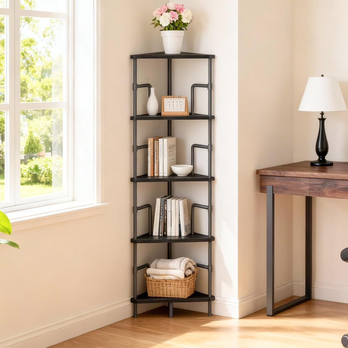 MAHANCRIS 52.8" Corner Shelf, 5-Tier Industrial Corner Bookshelf with Metal Frame, Small Plant Stand, Display Shelf for Living Room, Bedroom, Home Office, Small Spaces, Black CSBK5501 MAHANCRIS