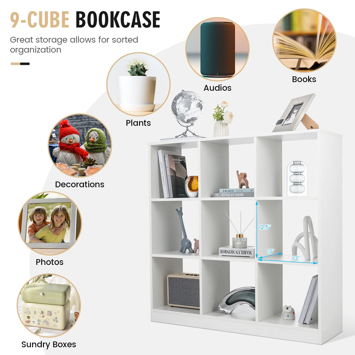 Giantex 9-Cube White Bookcase - Modern 4-Tier Freestanding Storage Organizer with Anti-Tipping Kit Giantex
