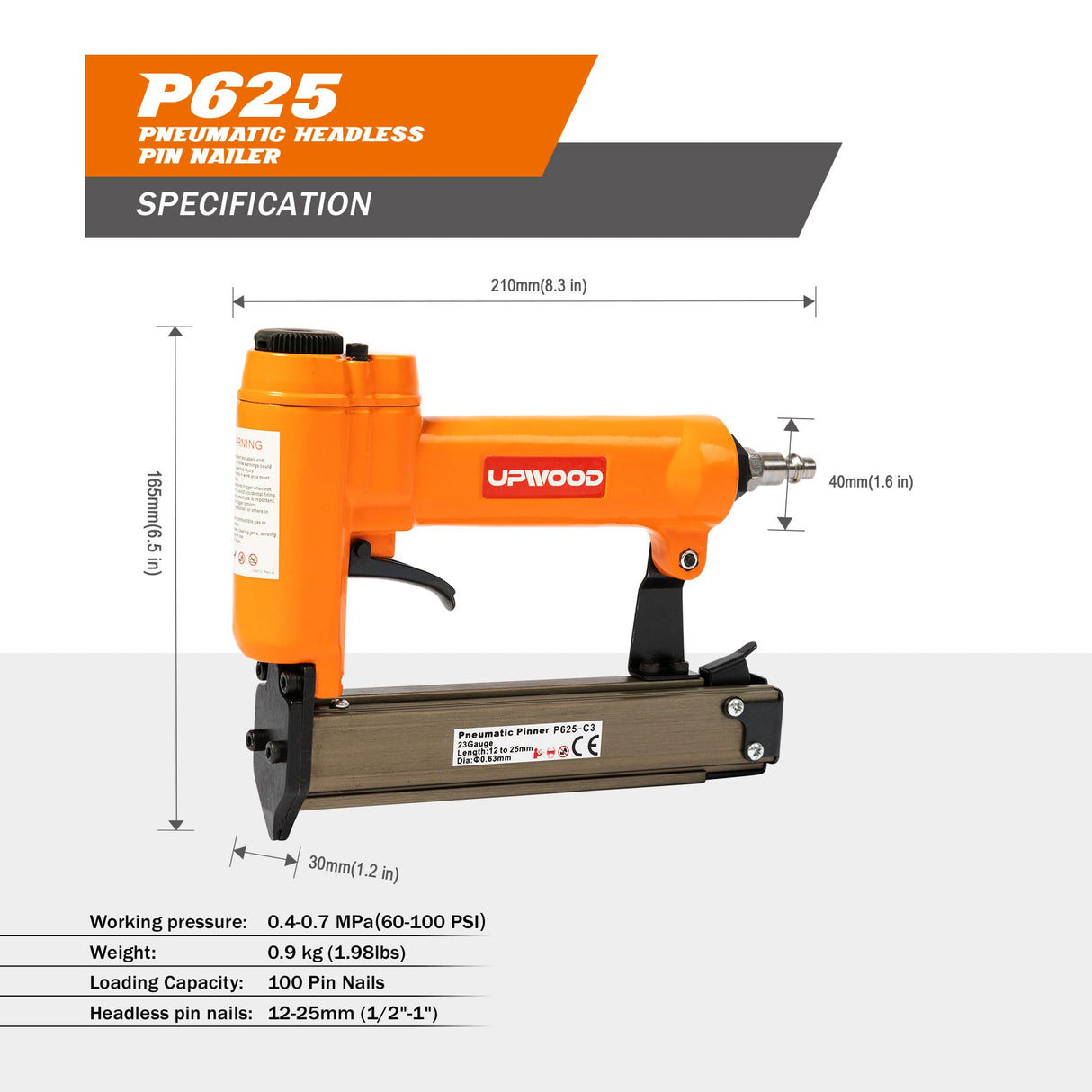 UPWOOD P625 Pneumatic 23 Gauge Headless Pin Nailer, 1/2-Inch to 1-Inch Leg Length Air Powered Micro Pinner for Furniture, Cabinets, Interior Decoration UPWOOD