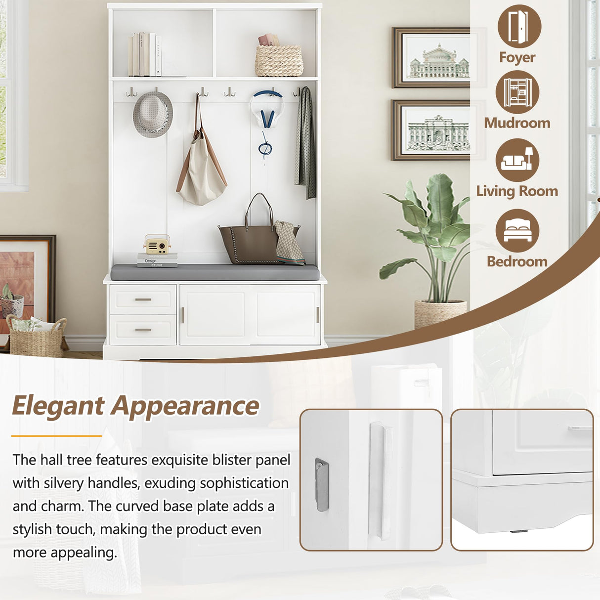 Merax Farmhouse Wood Hall Tree with Bench and Storage Drawers, 4-in-1 Coat Rack with 6 Hooks for Entrance, Hallway White Merax