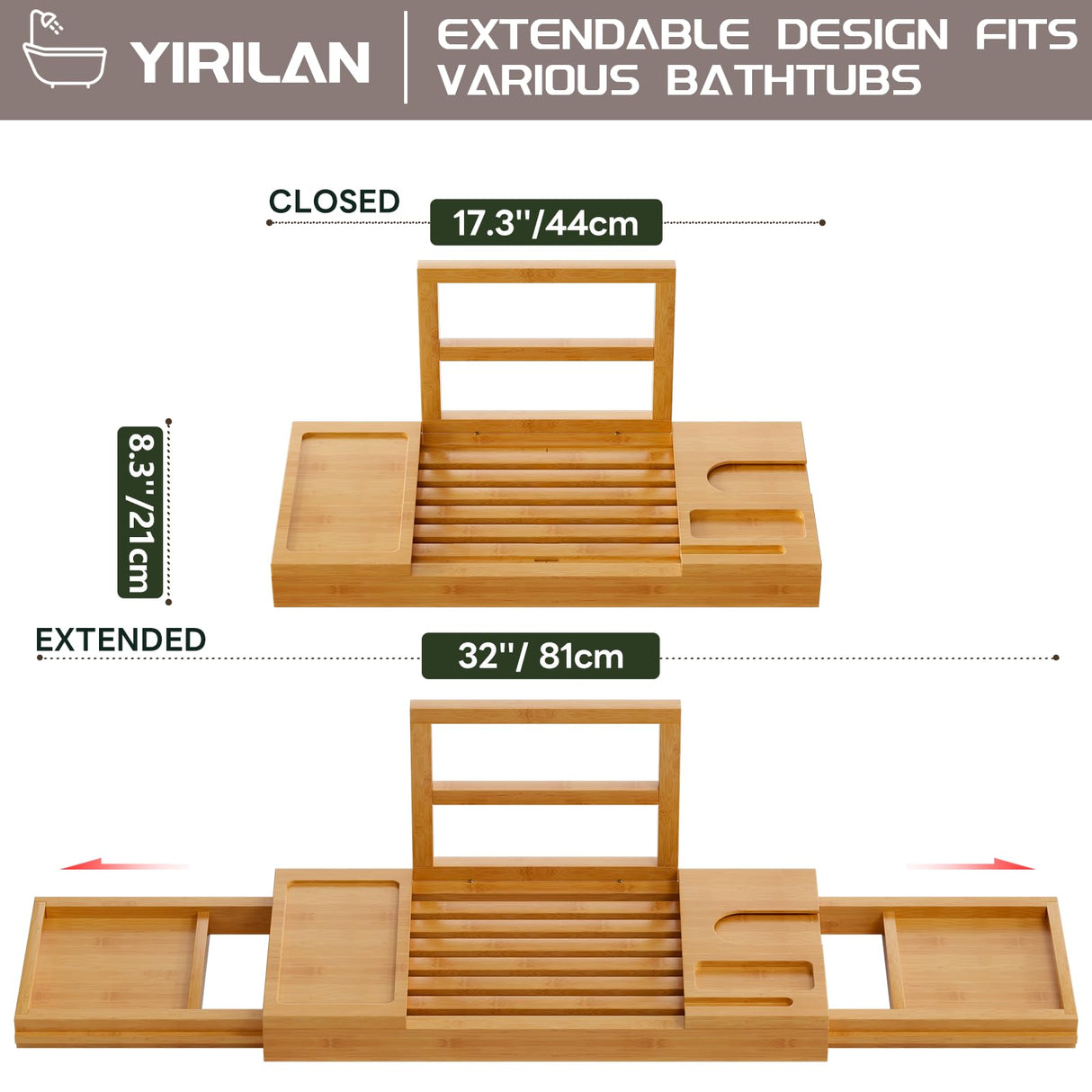 Yirilan Bamboo Bathtub Tray, Expandable Bathroom Tray, Waterproof Tray Caddy, Perfect Bath Caddy for Home Spa, Gift for Loved Ones, Bamboo Yirilan