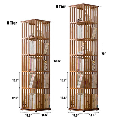 360° Rotating Bookshelf Tower,Bamboo Revolving Bookcase,Spinning Bookshelf Tower Corner Shelf,Floor Standing Book Storage Rack for Bedroom Classroom Playroom(6 Tier, Brown)