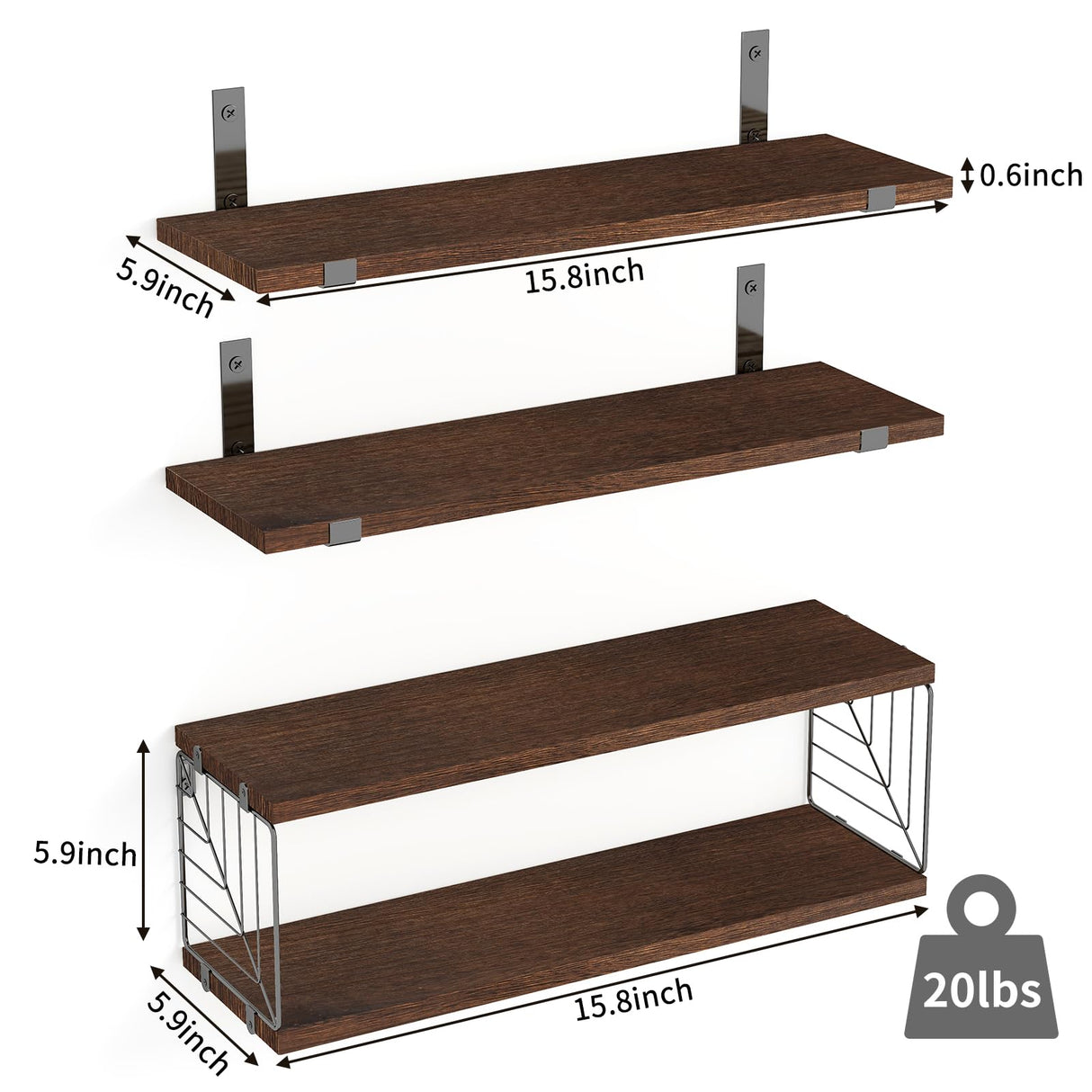 Fixwal 3+1 Tier Bathroom Floating Shelves Over Toilet, 15.8in Farmhouse Rustic Wood Shelves, Wall Decor for Bathroom, Living Room,Bedroom and Kitchen (Dark Brown) Fixwal