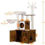 Heybly Cat tree, Wood Litter Box Enclosure with Food Station, All-in-one Indoor Cat Furniture with Large Platform and Condo, Modern Style Cat Tower, Hammock, Rustic Brown HCT102SR Heybly