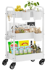 YASONIC Metal 3 Tier Rolling Cart - Heavy Duty Utility Cart with Lockable Wheels, Hanging Cups, Hooks, Mesh Rolling Storage Cart Craft Cart Organizer, Lightweight and Sturdy, White YASONIC