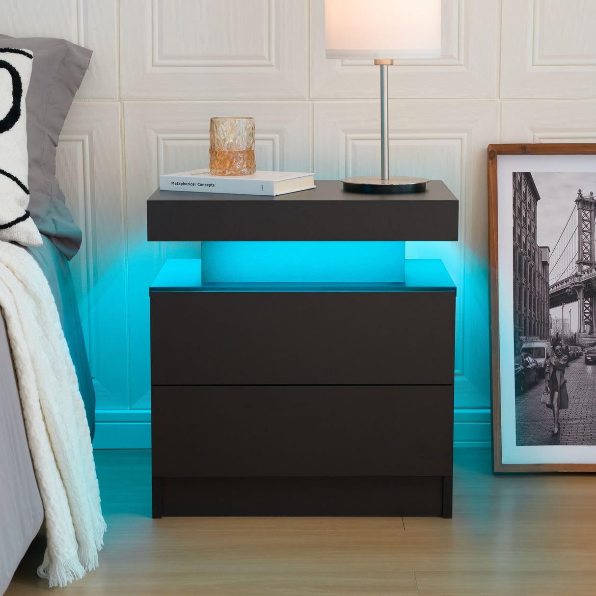Bingoday Black Nightstand Set of 2 Black Bedside Tables Set of 2 LED Night Stand Set 2 Wood Nightstand Set of 2 with 2 Drawers for Bedroom Living Room Bingoday