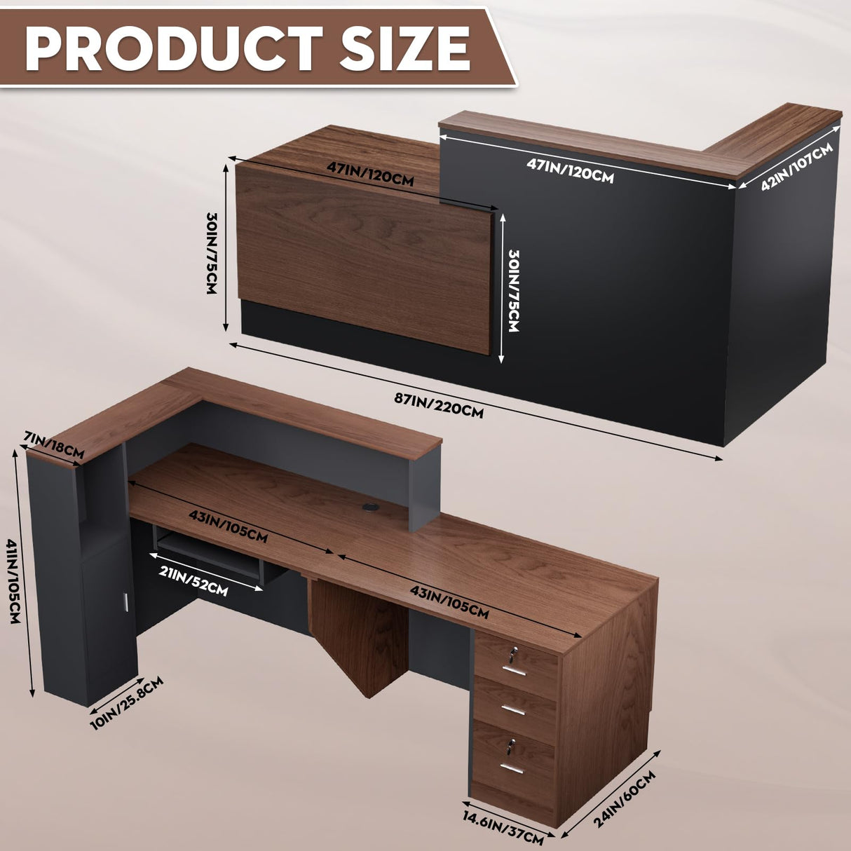 L-Shaped Modern Large Wooden Commercial Reception Desk with Counter & Shelves, Front Reception Desk Counter Table with Storage, Drawers for Offices,Home (Brown + Black, Left- 84''L x 34''W x 41''H) Drexo