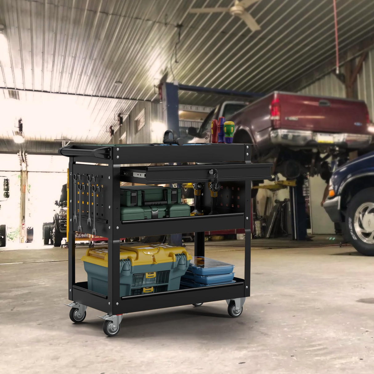 3 Tier Tool Cart on Wheels, Industrial Heavy Duty Rolling Tool Cart with Drawers, 500 LBS Capacity Utility Cart with Hooks and Locking System for Home, Garage, Warehouse, Workshop (Black) Xalvora