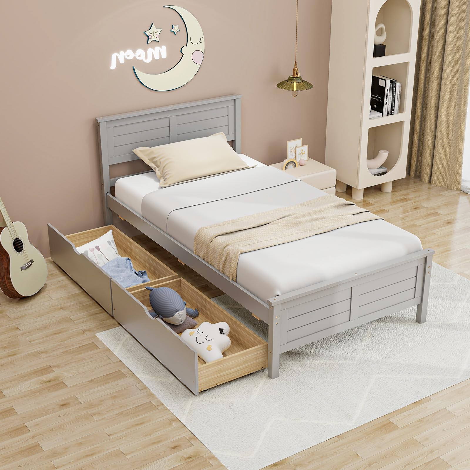 Giantex Grey Twin Platform Bed with 2 Storage Drawers and Solid Wood Headboard - WoodArtSupply