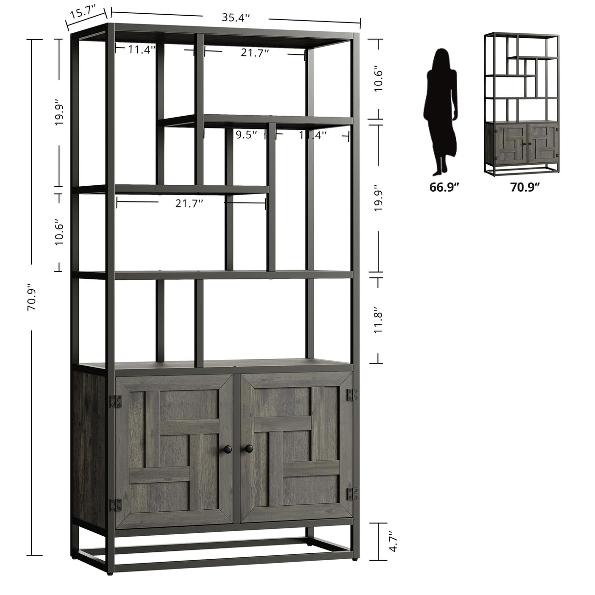 IRONCK Bookshelves and Bookcases, 71inch 6 Tiers Tall Bookcase with Storage Cabinet, 35.4in Wide Book Shelf with Doors and Adjustable Shelves, Industrial Bookshelf for Home Office, Living Room IRONCK