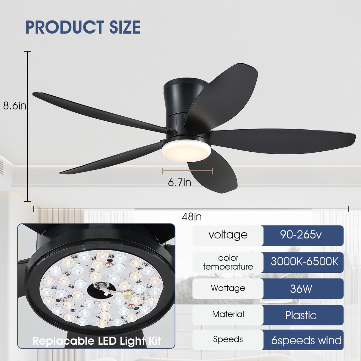 Surtime 48" Ceiling Fans with Lights-Low Profile Ceiling Fan with Light and Remote/APP Control,Flush Mount,DC Reversible,LED Dimmable Blakc Ceiling Fans for Bedroom,Indoor/Outdoor Patio Use Surtime