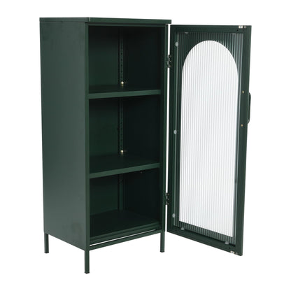 Creative Co-Op Solstice Metal Cabinet with Arched Glass Door, Dark Green - WoodArtSupply