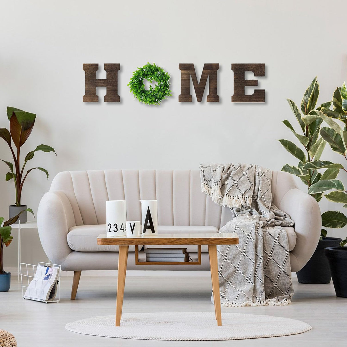GLIWEN Wooden Home Sign Wall Decor with Artificial Wreath Hanging Wood Home Letters Farmhouse Home Decor for Wall Art Living Room Bedroom Kitchen Doorway,Brown GLIWEN