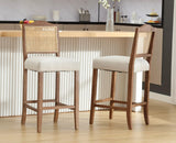 EALSON Counter Height Bar Stools Set of 2 Farmhouse Barstools with Rattan Back Linen Upholstered Bar Chairs Mid Century Wood Breakfast Bar Stool Chairs for Kitchen Island, 30 Inch Beige EALSON