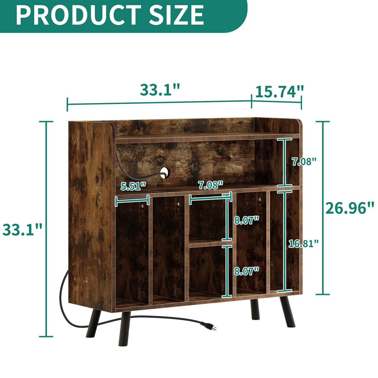 YITAHOME Record Player Stand with Power Outlets and LED Lights Holds Up to 130 Albums, Record Player Table with Storage, Vinyl Record Storage with Solid Legs for Living Room, Bedroom, Grey YITAHOME