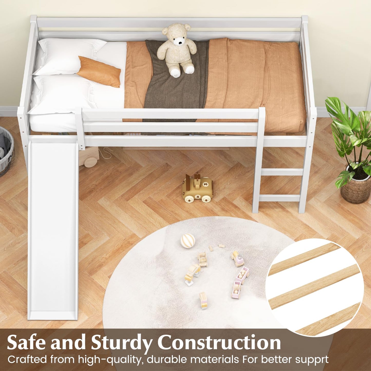 NAFORT White Twin Loft Bed with Slide and Stairs - Solid Wood Frame for Kids - WoodArtSupply