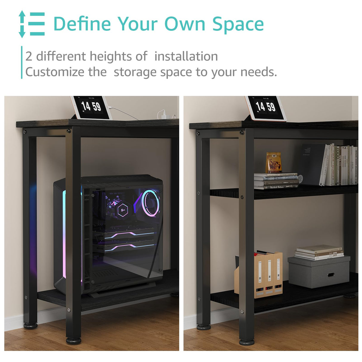 Lufeiya L Shaped Gaming Desk with Drawers & Storage Shelves, 47 Inch Corner Computer Desk with Power Outlet for Home Office Bedroom, L-Shaped Teen PC Desks with Fabric Drawer, Black Lufeiya