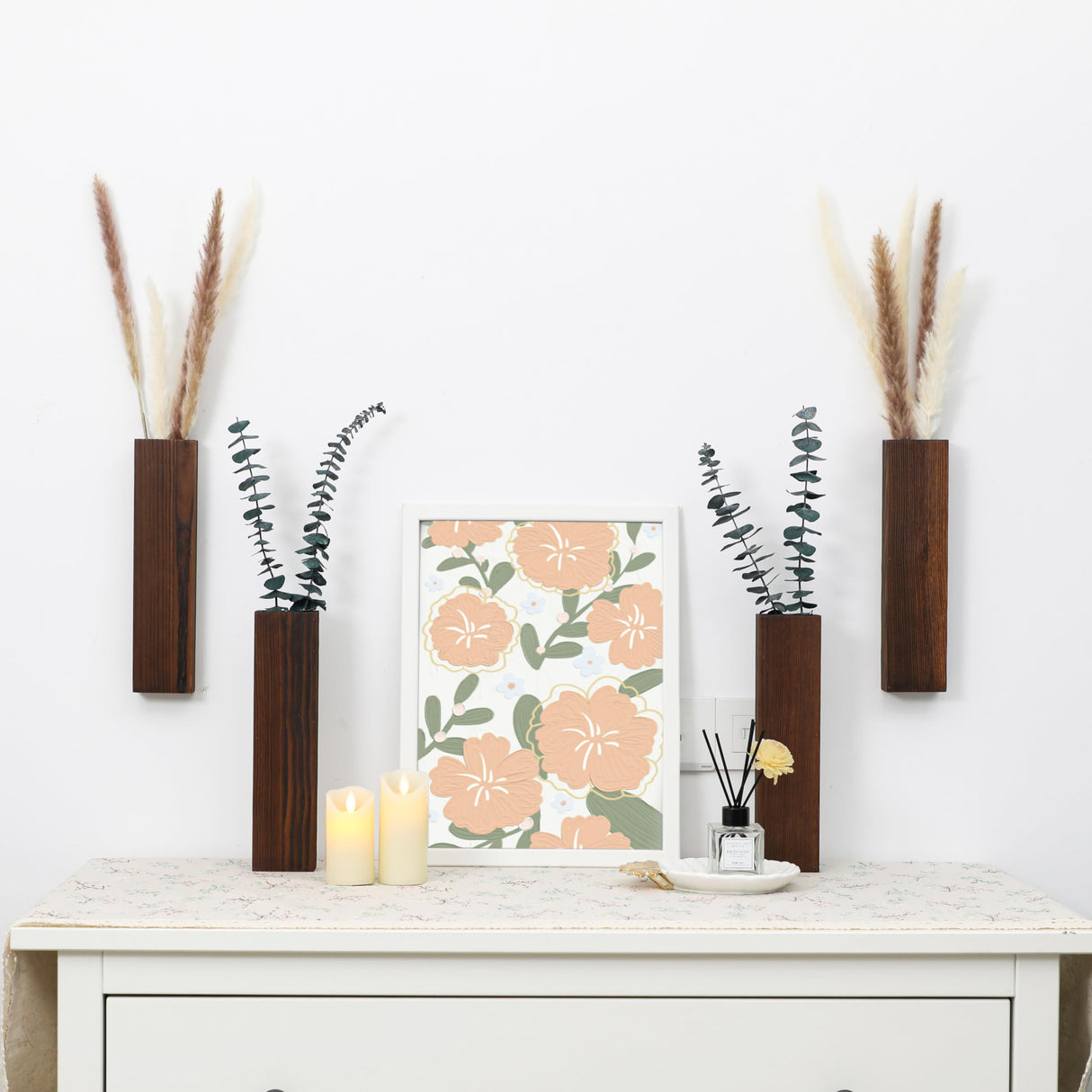 Wood Wall Planter 4 Pack Wall Decor for Artificial Flower Plants Wooden Plants Holders Wall Plant Pocket Vase Hanging for Living Room Bedroom Dining Rmeosye