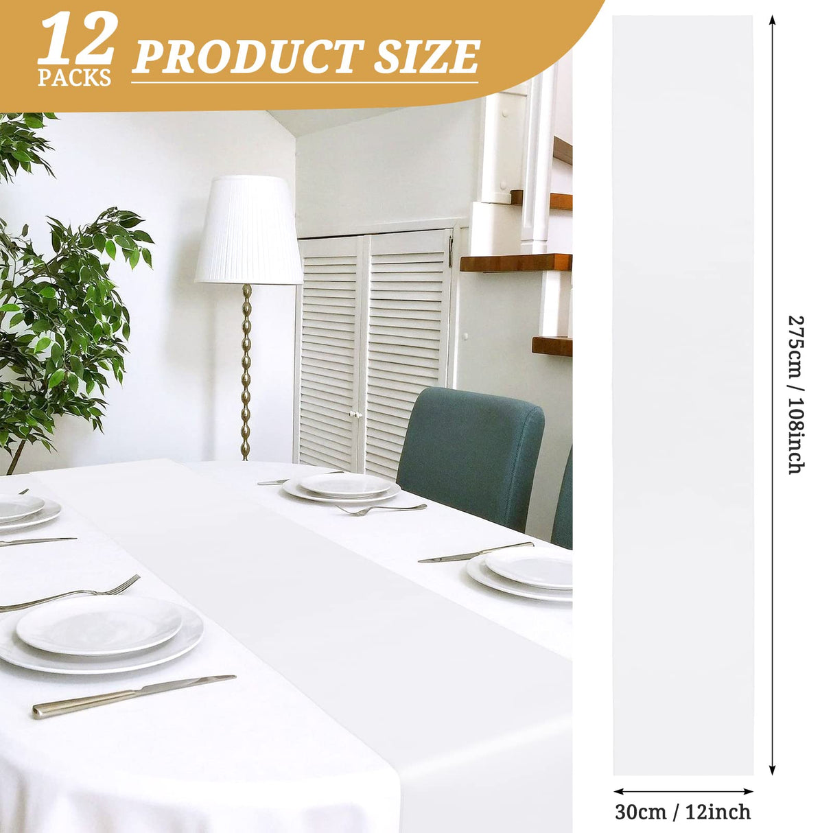 12 Pack White Satin Table Runner 12 x 108 Inch Long Premium Table Runners for Wedding Party Events Decoration, Birthday Parties, Banquets Decorations, Graduations, Engagements YMHPRIDE