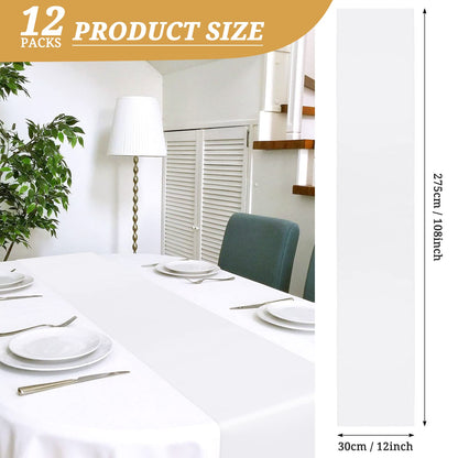 12 Pack White Satin Table Runner 12 x 108 Inch Long Premium Table Runners for Wedding Party Events Decoration, Birthday Parties, Banquets Decorations, Graduations, Engagements