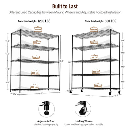 Tatub 72Hx60L Wire Shelf Rack with Wheels and Shelf Liners, 5 Tier Shelf Metal Storage Rack, Garage Shelf Storage Rack, Rolling Shelf for Garage, Kitchen, Black