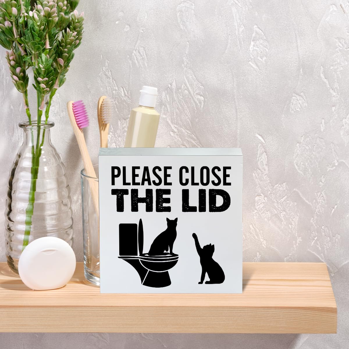 Farmhouse Please Close the Lid Wooden Box Sign Cat Bathroom Wood Block Tabletop Sign Decorative Desk Sign Home Toilet Shelf Decor 5 X 5 Inches Mukjyuyi