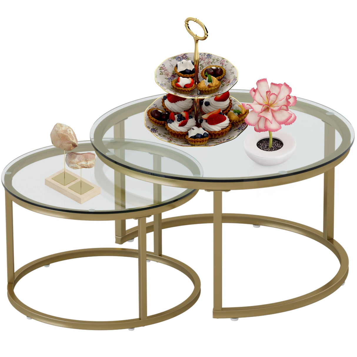 Furnivado 31.5" Nesting Coffee Table Set of 2, Round Nesting Coffee Tables with Tempered Glass Top, End Tables with Metal Frame for Living Room, Bedroom, Transparent Glass Furnivado