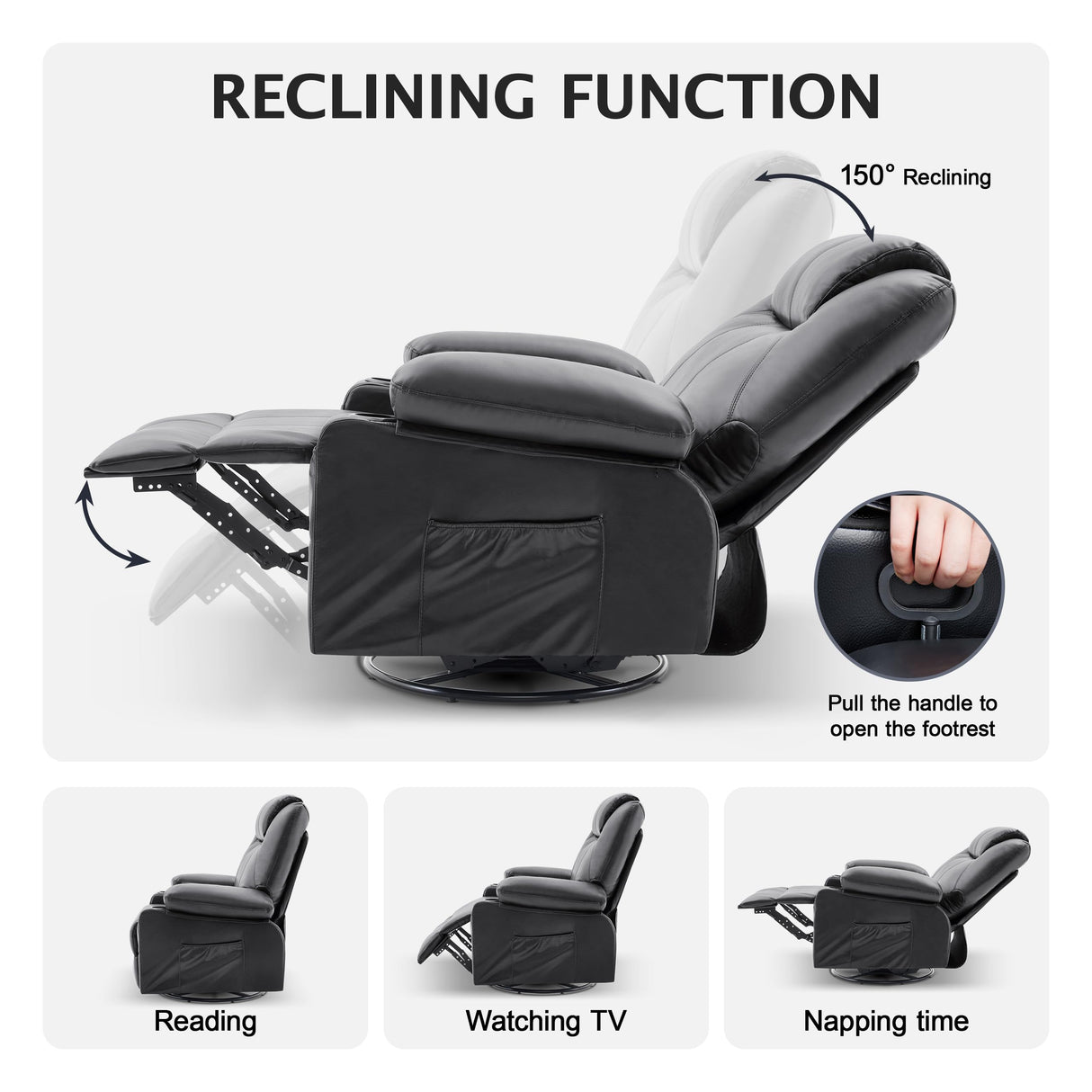 Reedvales Oversized Swivel Rocker Recliner Sofa Chair with Heat and Massage, Big Recliner Sofa Chair for Living Room, 360 Degree Swivel Single Sofa with Cup Holders and USB Port(Leather, Black) Reedvales