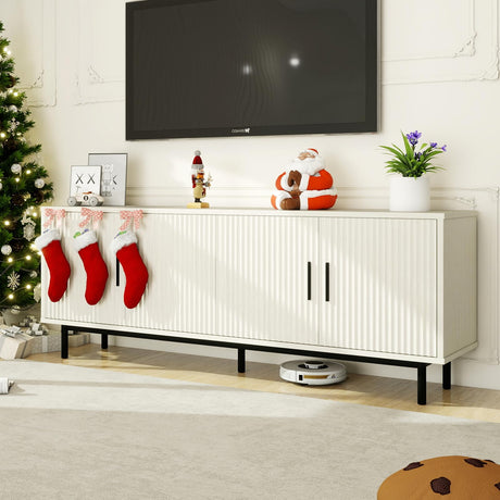 MUUEGM Modern TV Stand for Televisions up to 80 Inch, Entertainment Center with Storage, Cabinet with Fluted Door and Adjustable Shelf, Console Table and Media Furniture for Living Room, White MUUEGM