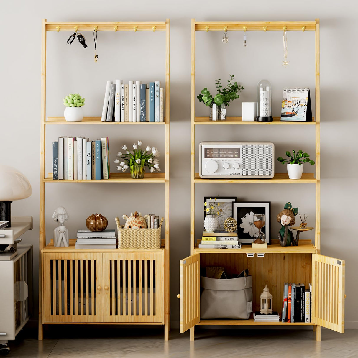 Bookcase with Drawers, 4-Tier Bamboo Bookshelf Ladder Shelf with 6 Hooks, Tall Narrow Book Shelf, 24.8"L x 10.6"W x 59.5"H, Standing Storage Organizer for Living Room, Home Office, Bedroom, Bathroom oakvivo