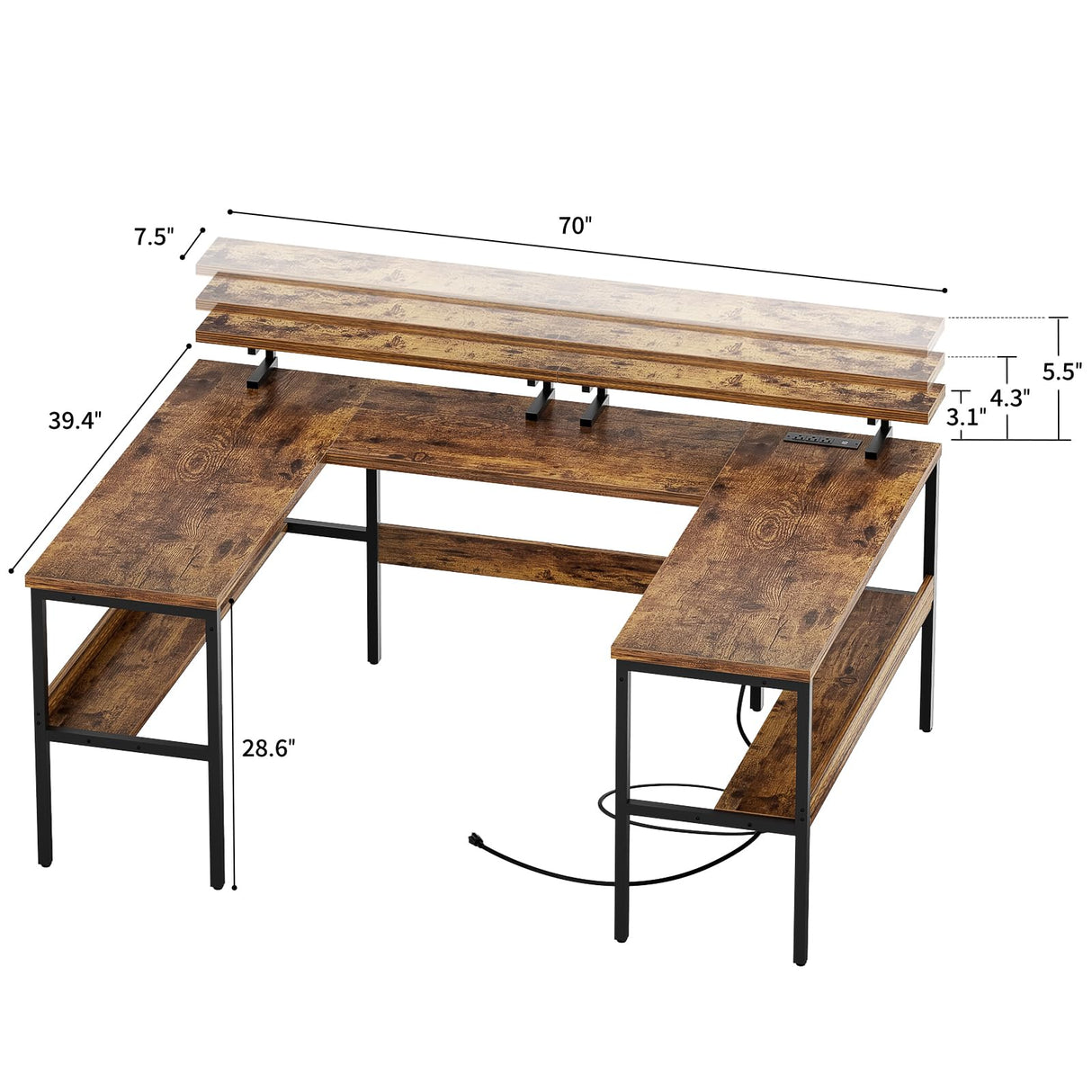 iSunirm U Shaped Office Desk, Customizable L Shaped Computer Desk with Adjustable Monitor Stand & Power Outlets & LED Strip Light, Sturdy Reversible Gaming Desk with Storage Shelves, Rustic Brown iSunirm
