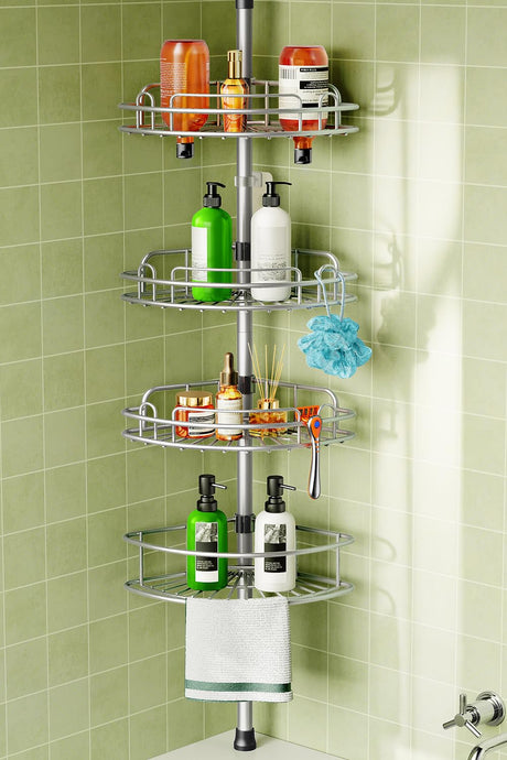 HAMITOR Corner Shower Caddy Tension Pole: 4-Tier Rust-Resistant Adjustable Bathroom Organizer Shelves - 47-121 Inch No-Drill Quick Installation - Space-Saving Storage for Renters Family - Silver Gray HAMITOR