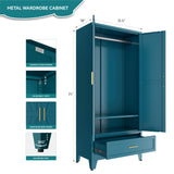 Blue Metal Wardrobe Cabinet for Bedroom, 71" Tall Freestanding Closet System with Drawer and Shelf, Hanging Rod Clothing Organizer with Two Doors, Farmhouse Steel Wardrobe Bedroom Armoires Bevivog