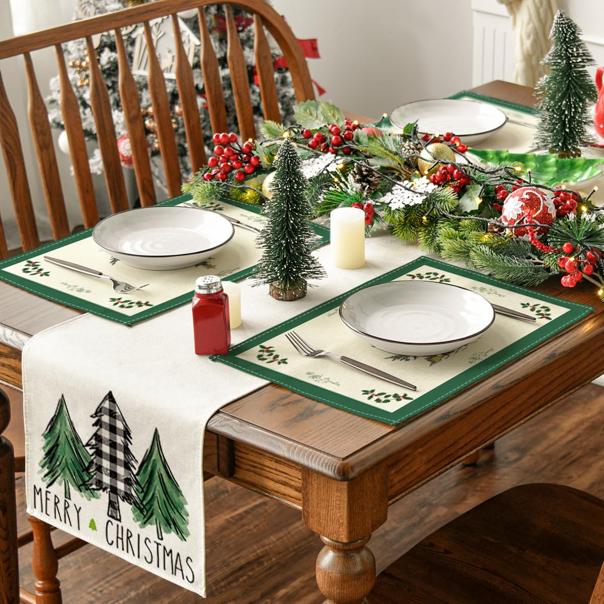 Artoid Mode Xmas Pine Winter Placemats Set of 4, 12x18 Inch Christmas Table Mats for Table Runner Party Kitchen Dining Decoration Artoid Mode