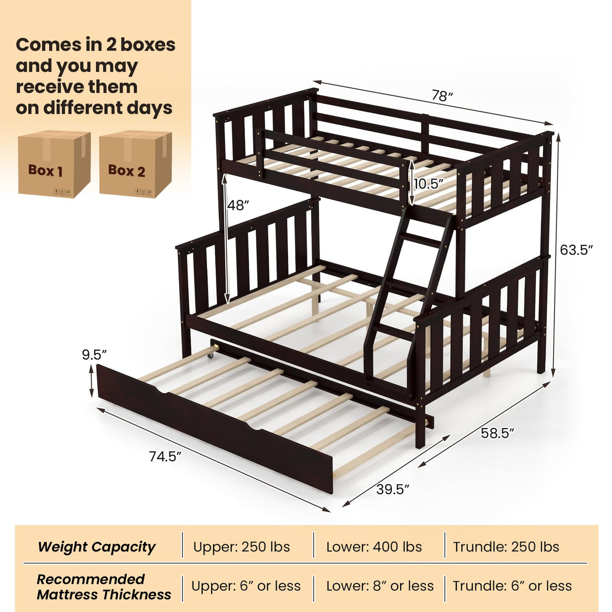 KOMFOTT Espresso Wood Twin Over Full Bunk Bed with Trundle, 250/400 lbs Capacity, Solid Pine Frame, Convertible to 2 Separate Beds, No Box Spring Needed KOMFOTT