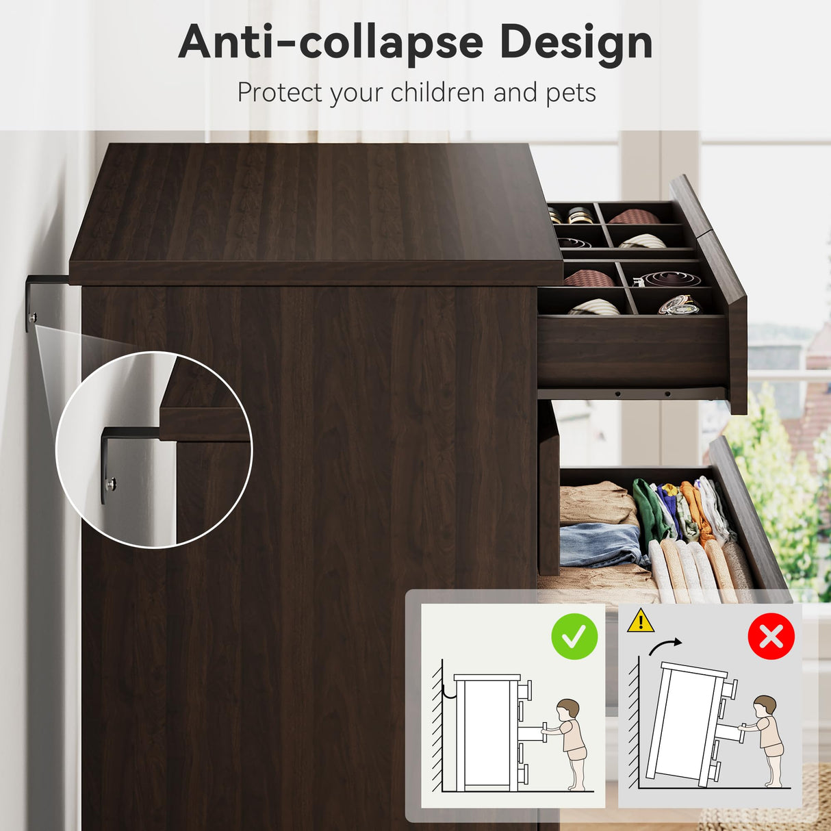 Brown Tall 7 Drawer Dresser for Bedroom, Modern Wood Closet Dressers & Chests of Drawers with Jewelry Storage, 23.6" L*15.8" W*47.5" H in Large Vertical Dresser for Bedroom, Living Room, Nursery Jocoevol