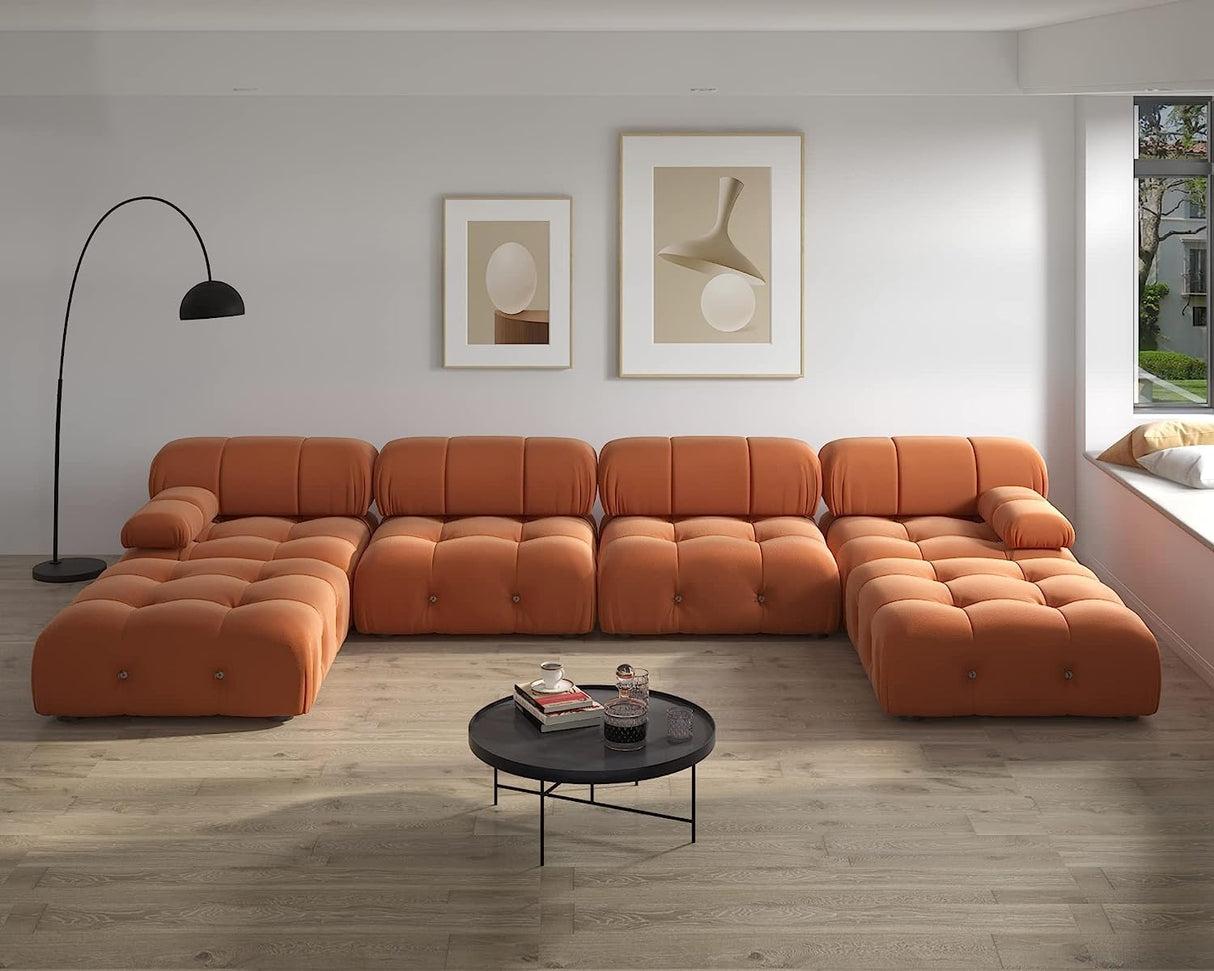 JACH U-Shaped Modular Sectional Couch, 138"" Minimalist Velvet Sofas, Convertible Couches, Mid-Century Modern Sectional Sofa with Chaise Ottomans for Living Room Apartment (Orange), 105OR-U-U JACH