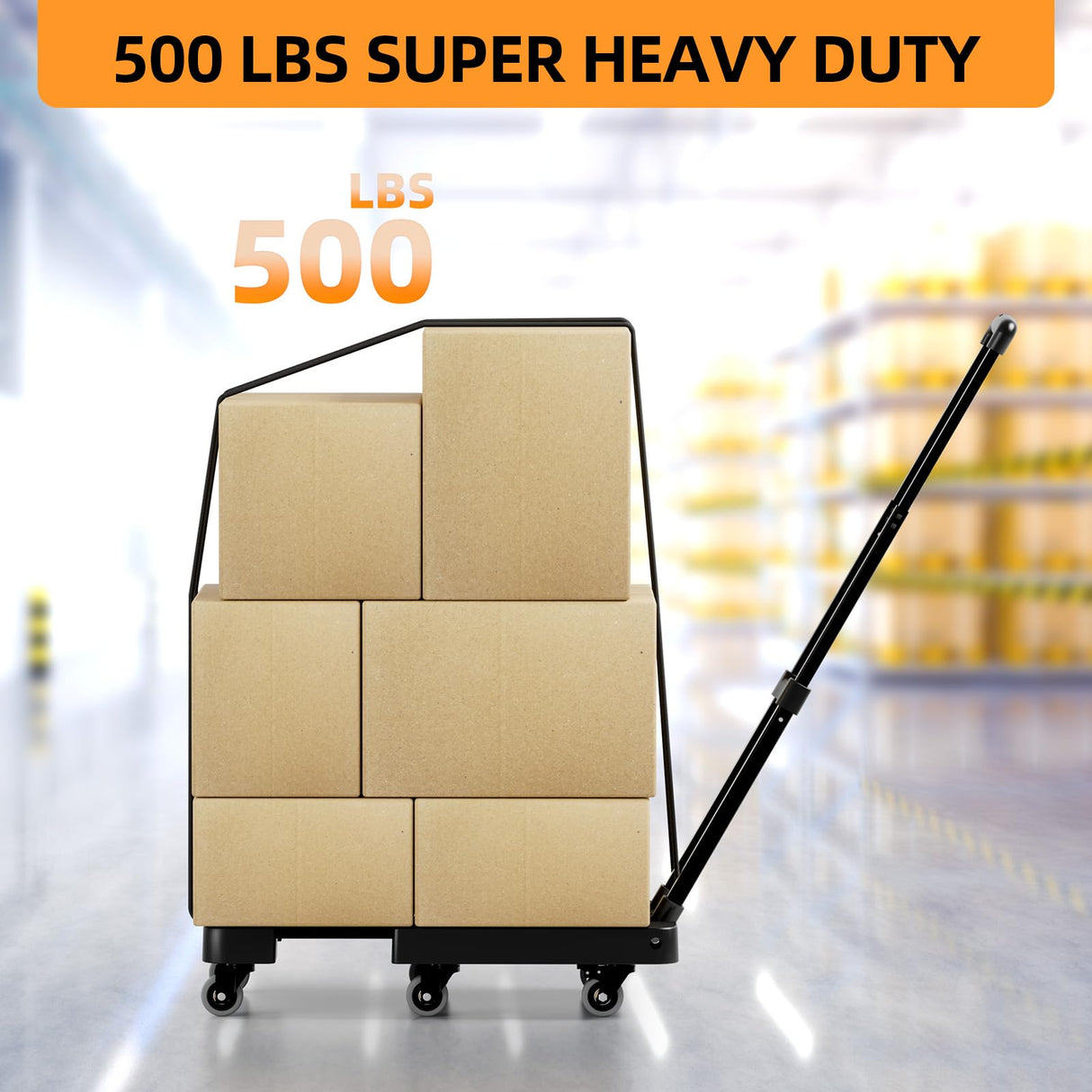 Folding Hand Truck, 500 LB Heavy Duty Luggage Cart, Utility Dolly Platform Cart with 6 Wheels & 2 Elastic Ropes for Luggage, Travel, Moving, Shopping, Office Use, Black TROOZY