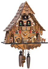 Engstler Quartz Cuckoo Clock Black Forest House with Moving Wood Chopper and Mill Wheel, with Music EN 4661 QMT Engstler