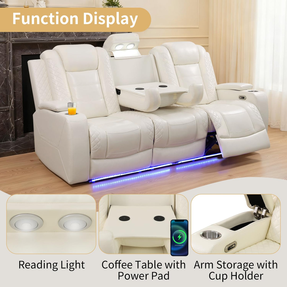 Caberryne Power Recliner Sofa Set with LED Lights,Leather Reclining Couch and Loveseat Set with USB Port/Coffee Table/Cup Holder,Living Room Set with 4 Recliner Seats for House(2 Piece Set,Creamy) Caberryne