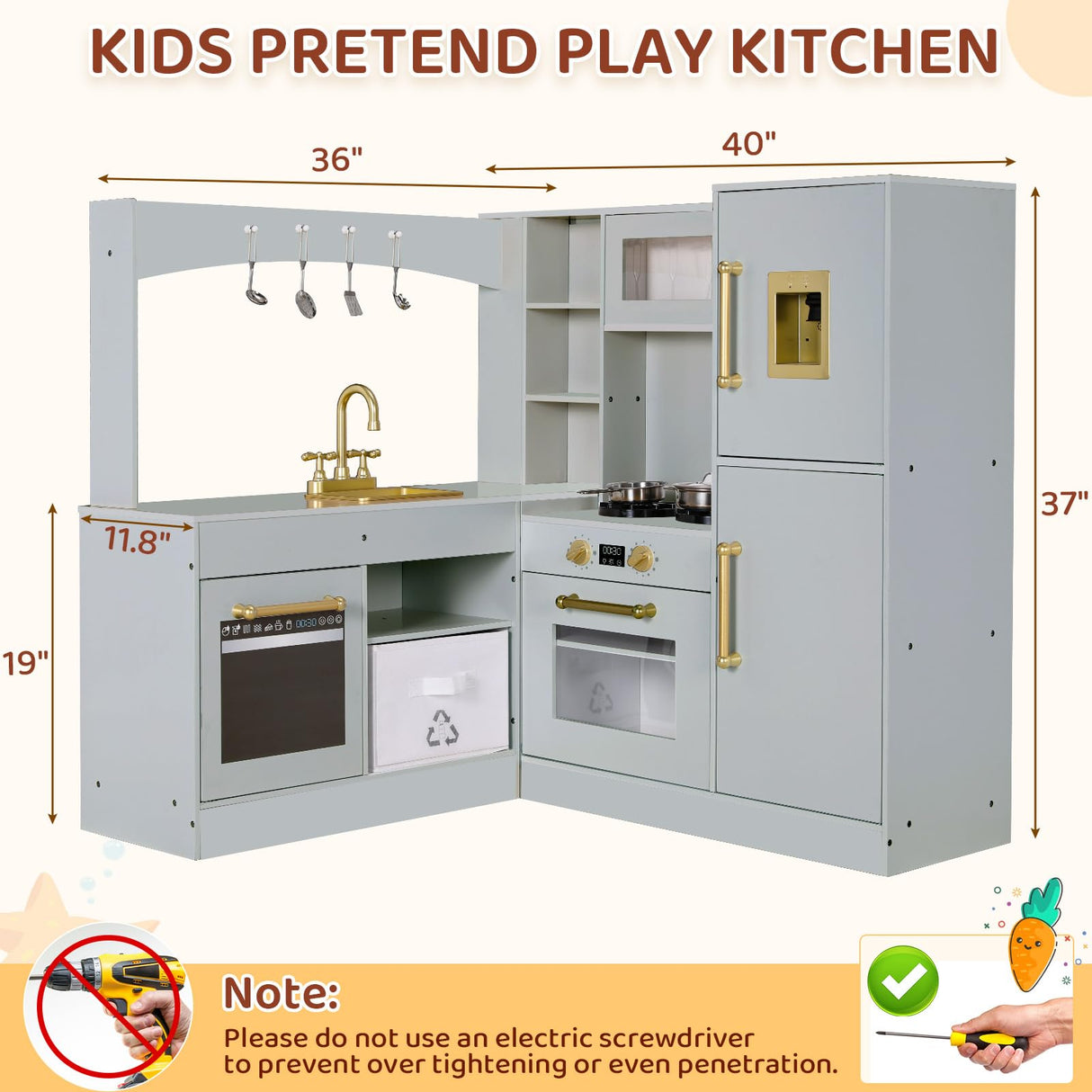 MAMIZO Corner Play Kitchen for Kids, Wooden Pretend Toy Kitchen, Large Toodler Cooking Playset w/Refrigerator, Stove w/Light & Sound, Disinfection Locker, Water Dispenser, Sink, Home Modern (Gray) MAMIZO